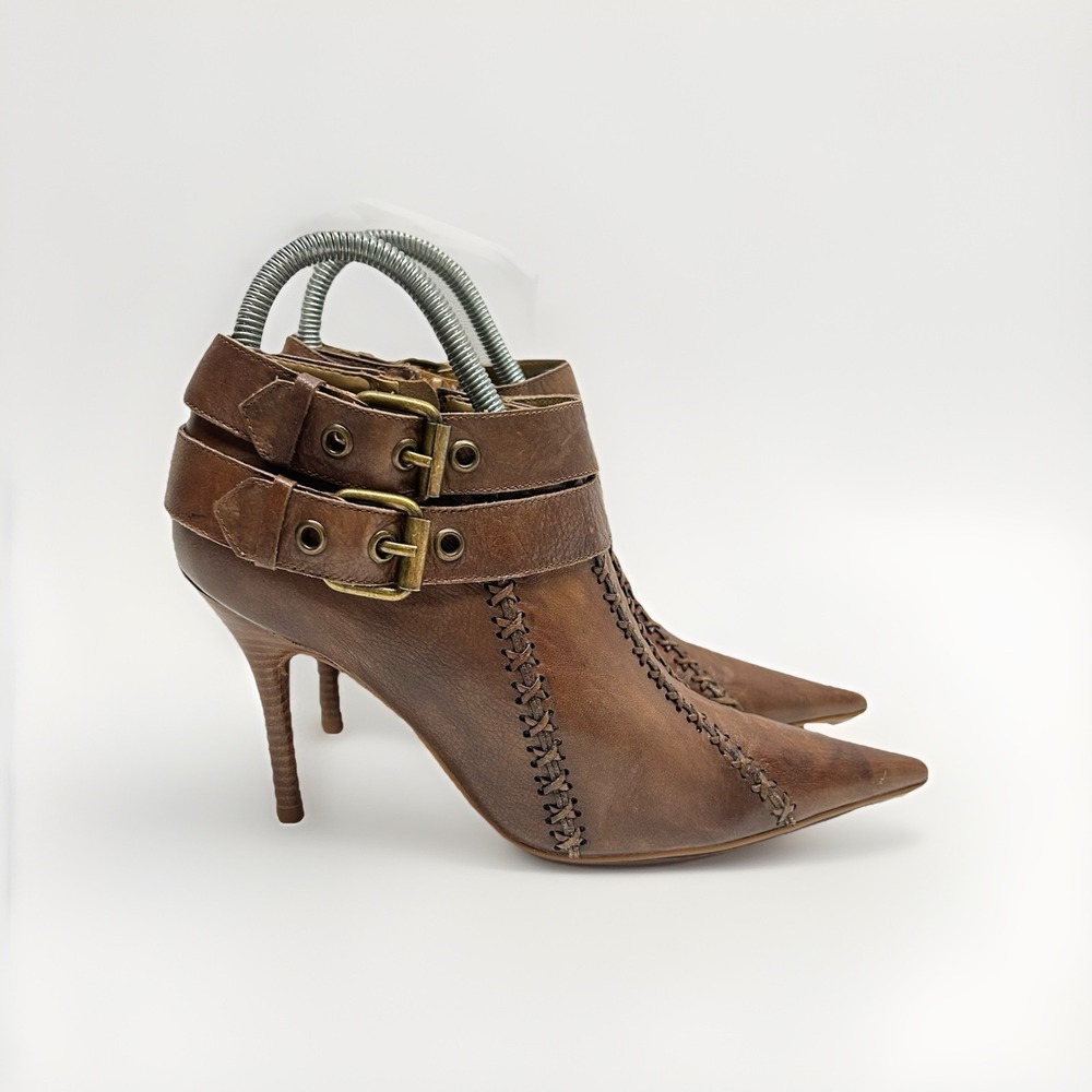 Carlos Santana Borderline Brown Leather Ankle Booties Heels Whipstitch Womens 7M